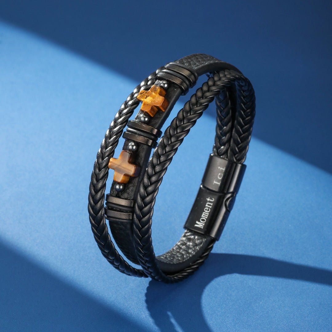 Bracelet Cuir Œil de Tigre Double Protection Homme - Biloria