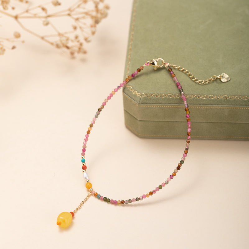 Bracelet de Cheville Tourmaline et Ambre – Joie Vibrante, Plaqué Or - Biloria