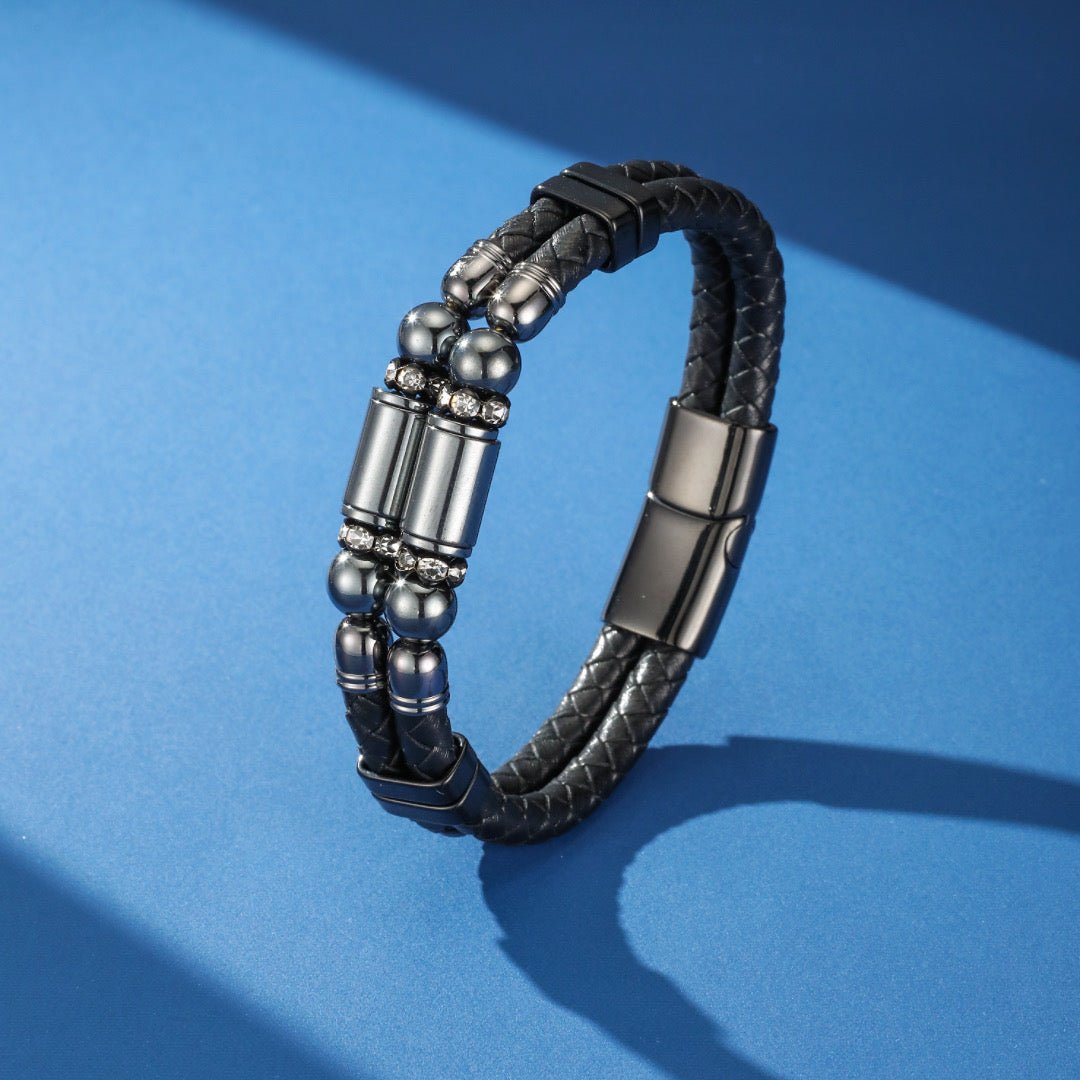 Bracelet double tour cuir pierre de lave et hématite homme - Biloria