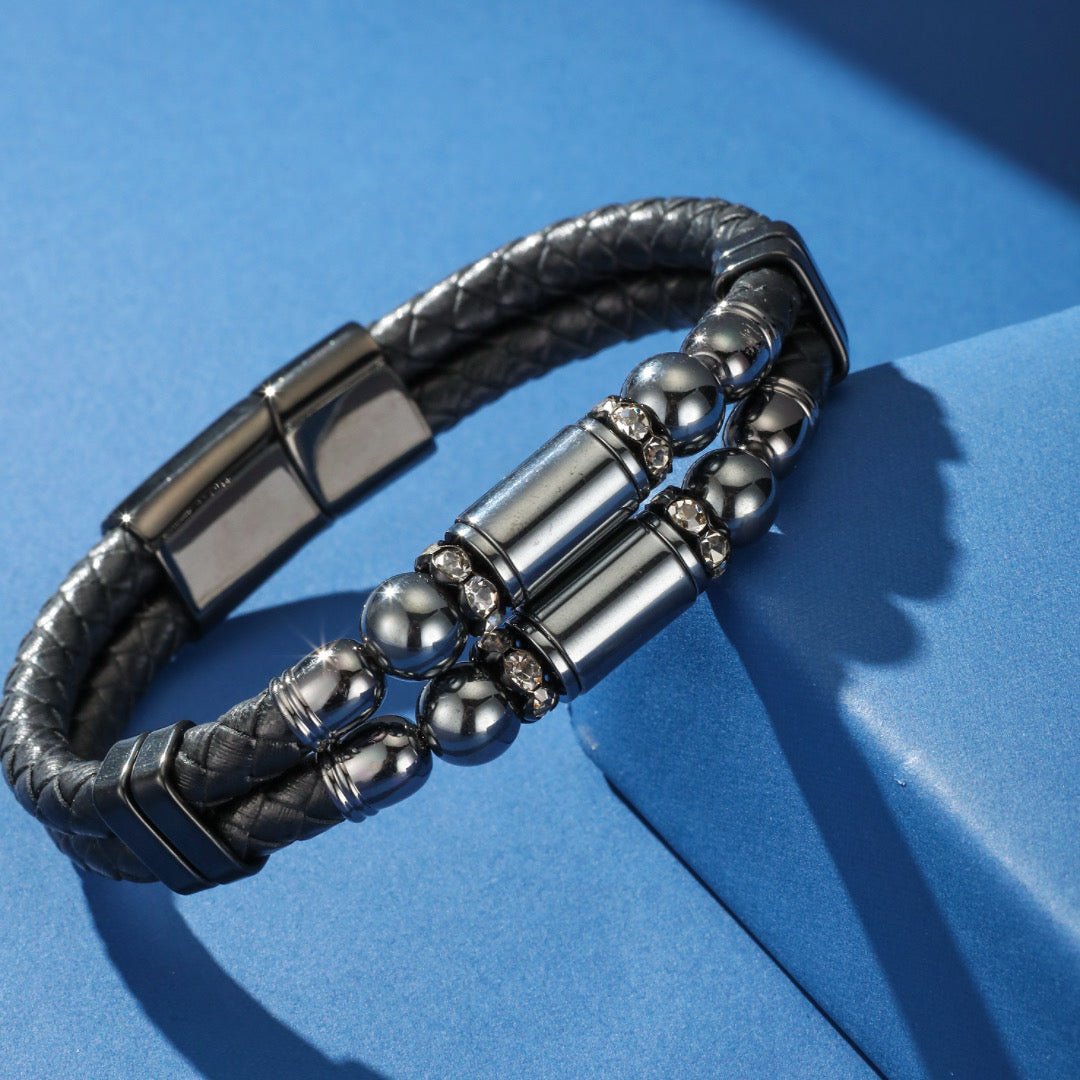 Bracelet double tour cuir pierre de lave et hématite homme - Biloria