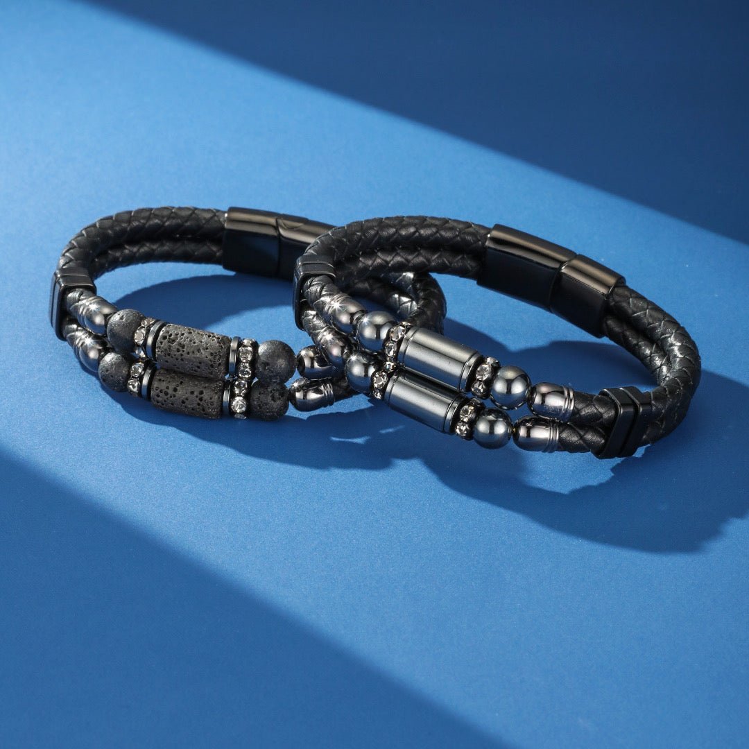 Bracelet double tour cuir pierre de lave et hématite homme - Biloria