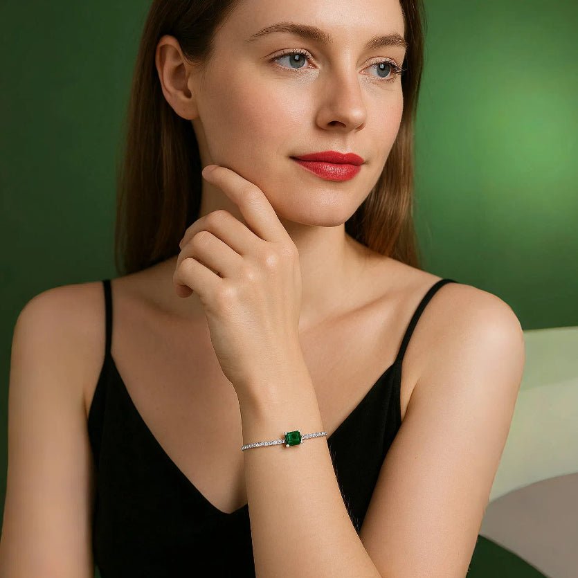 Bracelet Émeraude et Zircon, Argent 925 Fait Main - Biloria