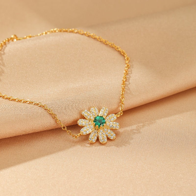 Bracelet Émeraude Zircon Fleur Argent Plaqué Or 18K - Biloria