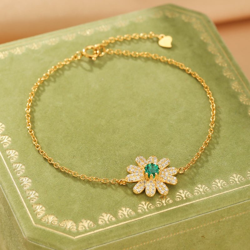 Bracelet Émeraude Zircon Fleur Argent Plaqué Or 18K - Biloria
