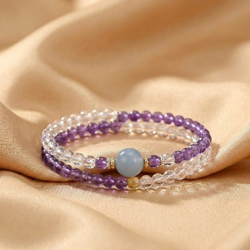 Bracelet en Améthyste, Cristal de Roche et Aigue-marine fait main - Biloria