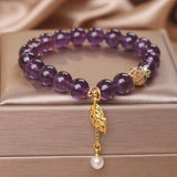 Bracelet en Améthyste et Perle avec Feuille Dorée - Biloria