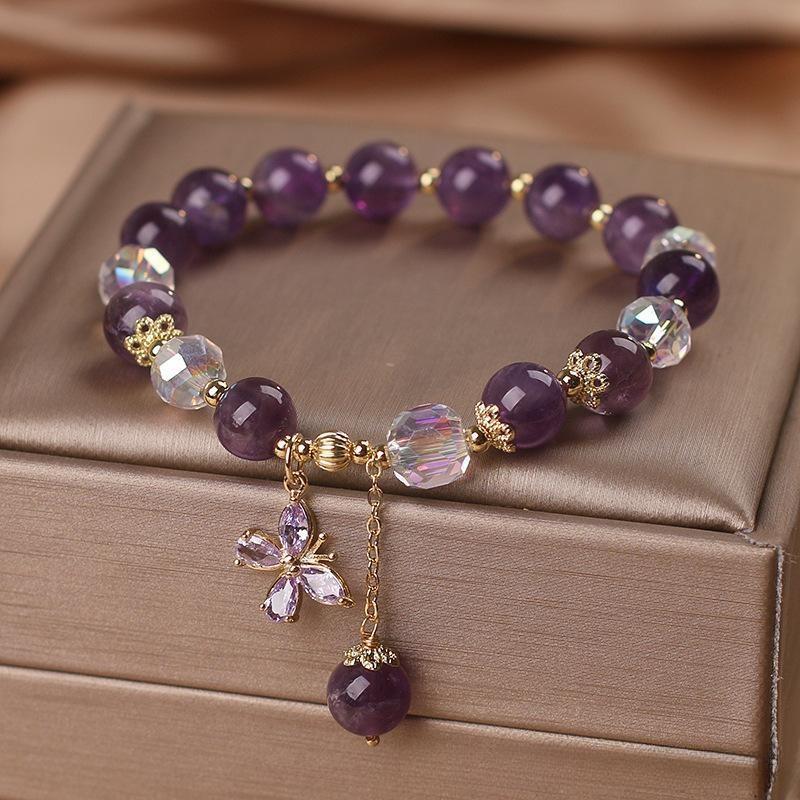 Bracelet en Améthyste et Quartz Clair avec Pendentif Papillon - Biloria
