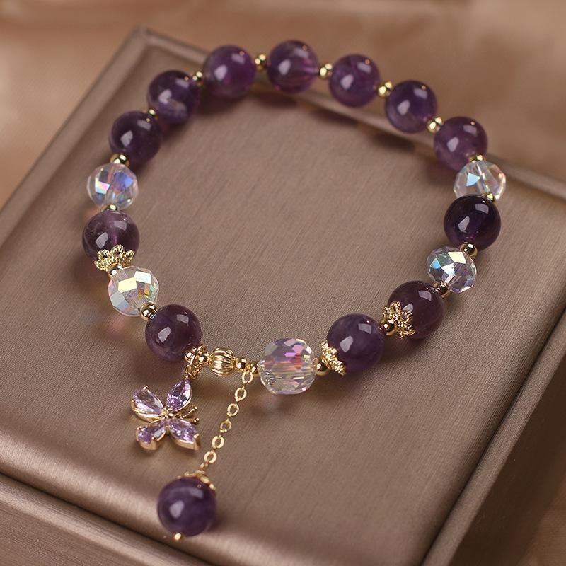 Bracelet en Améthyste et Quartz Clair avec Pendentif Papillon - Biloria