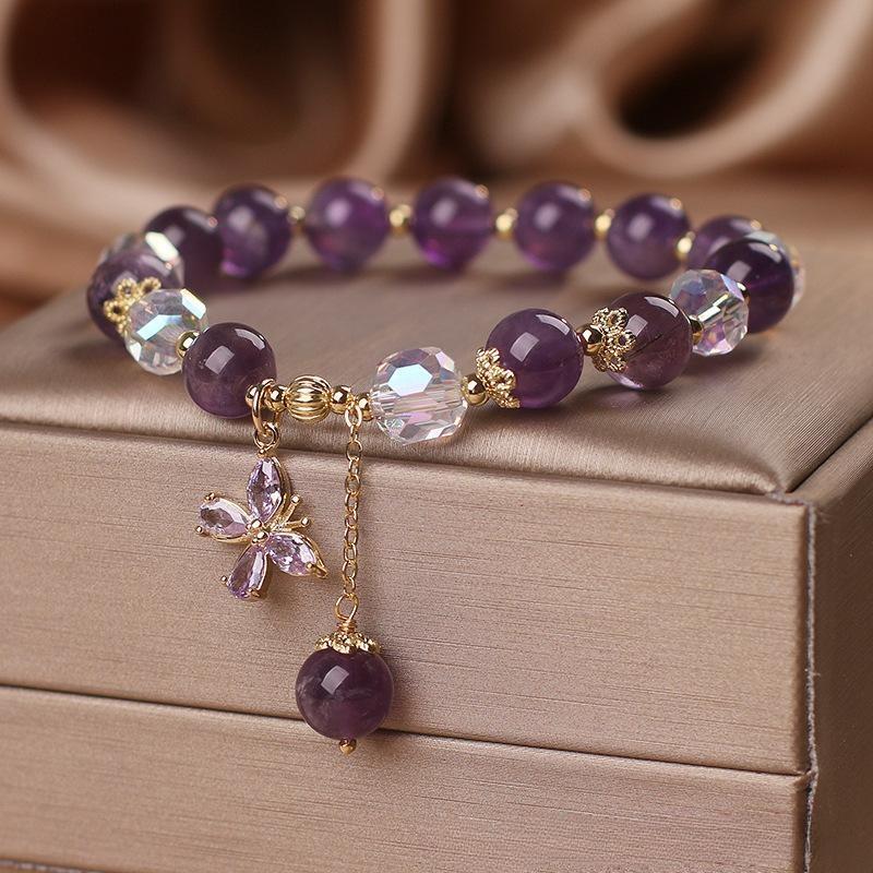 Bracelet en Améthyste et Quartz Clair avec Pendentif Papillon - Biloria