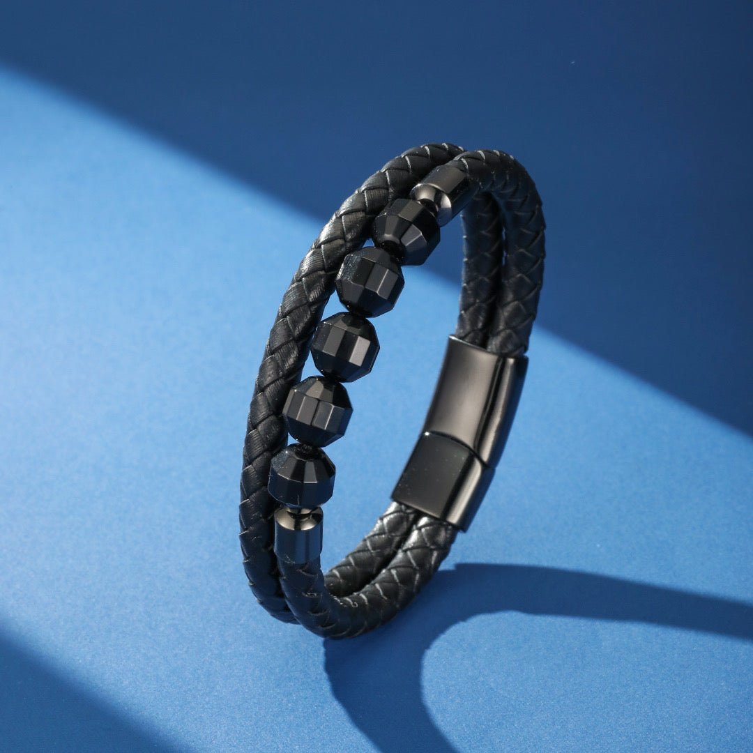 Bracelet en Cuir et Onyx Noir pour Homme - Biloria