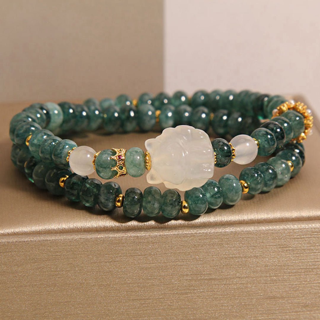Bracelet en Jadéite Perles Vertes avec Charm Renard Royal - Biloria
