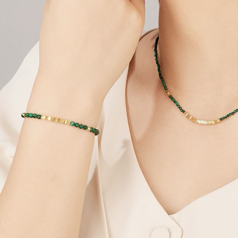 Bracelet en Malachite et Argent Plaqué Or pour Protection - Biloria