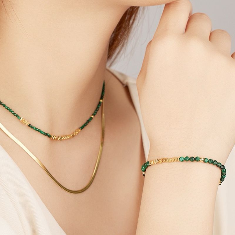Bracelet en Malachite et Argent Plaqué Or pour Protection - Biloria