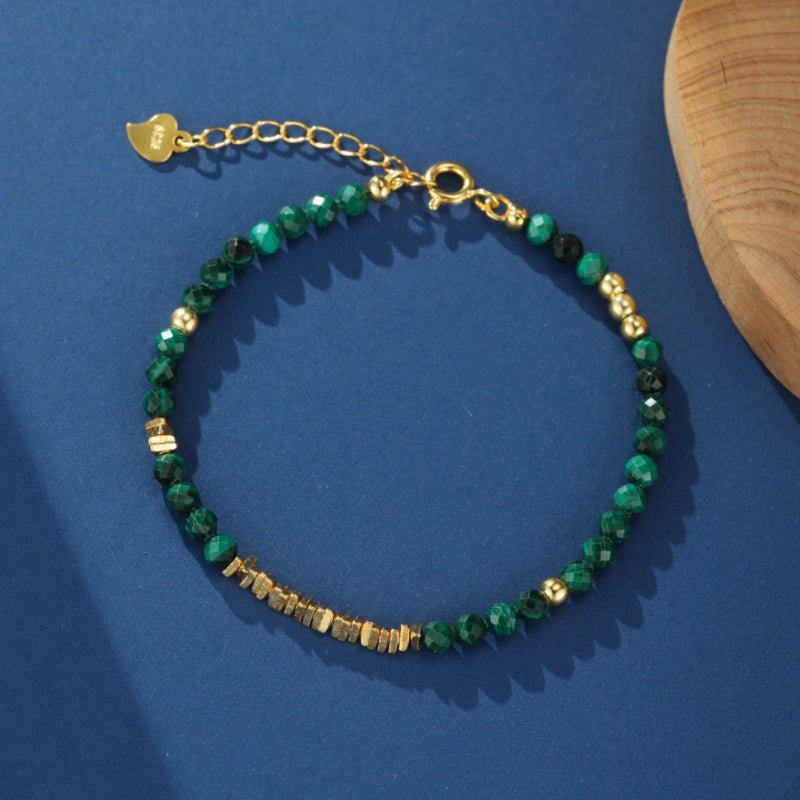 Bracelet en Malachite et Argent Plaqué Or pour Protection - Biloria