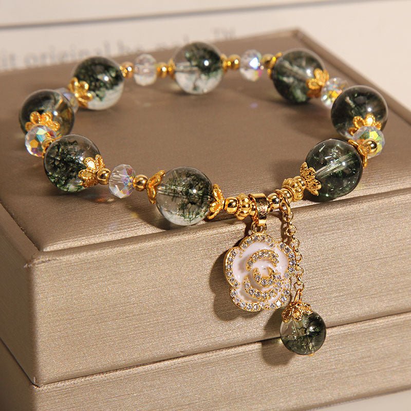 Bracelet en Quartz Vert et Quartz Clair avec Pendentif Rose - Biloria