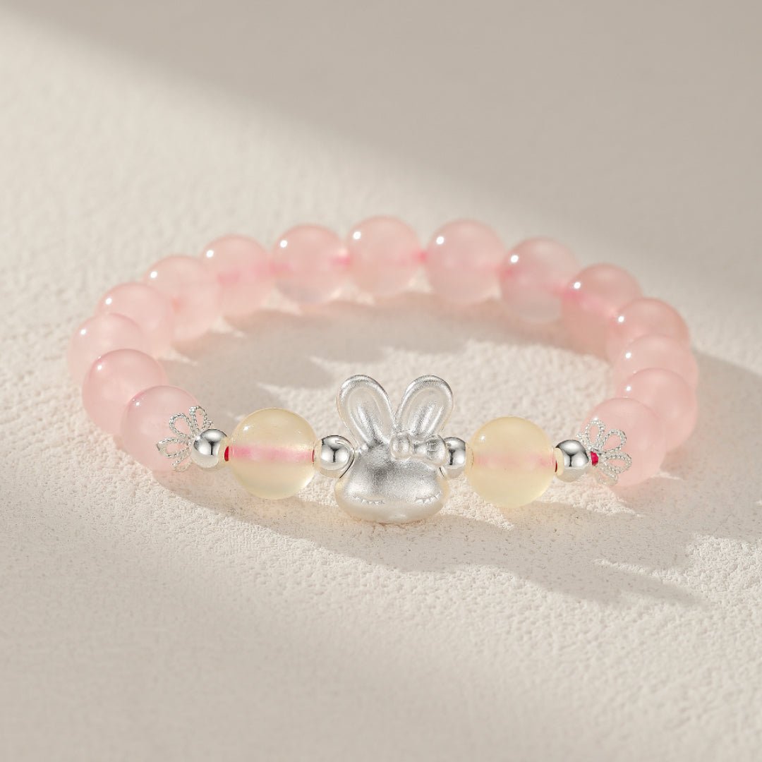 Bracelet Enfant Quartz Rose Calcédoine Jaune Lapin Argent - Biloria