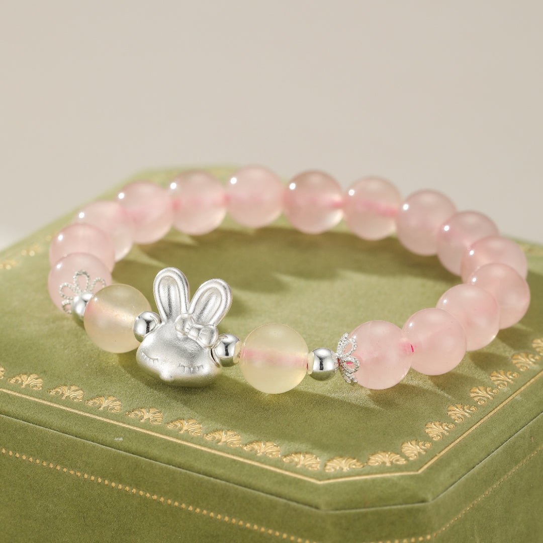 Bracelet Enfant Quartz Rose Calcédoine Jaune Lapin Argent - Biloria