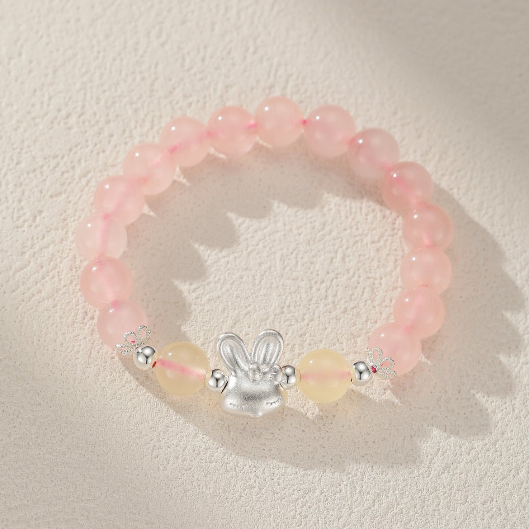 Bracelet Enfant Quartz Rose Calcédoine Jaune Lapin Argent - Biloria