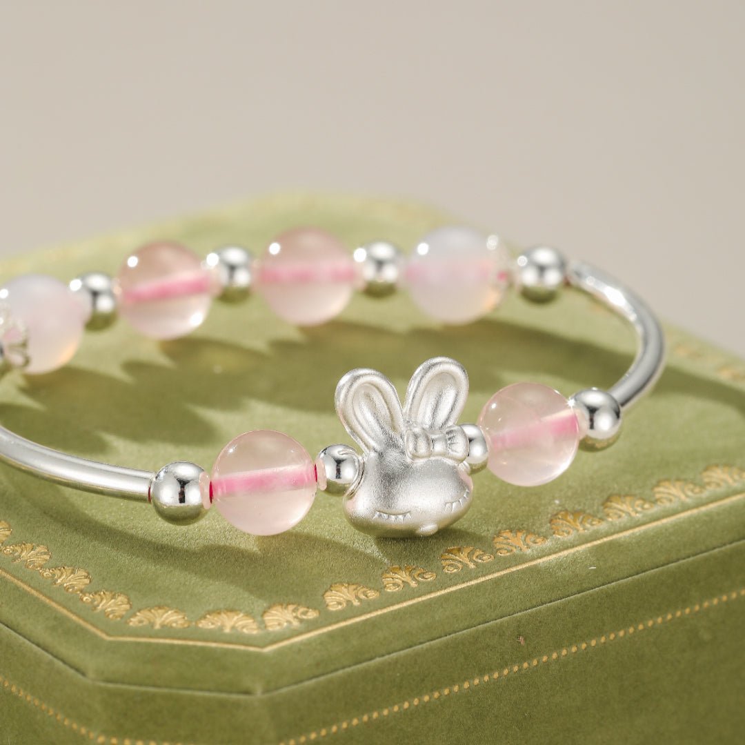 Bracelet Enfant Quartz Rose Lapin Argent 925 Cadeau Naissance - Biloria