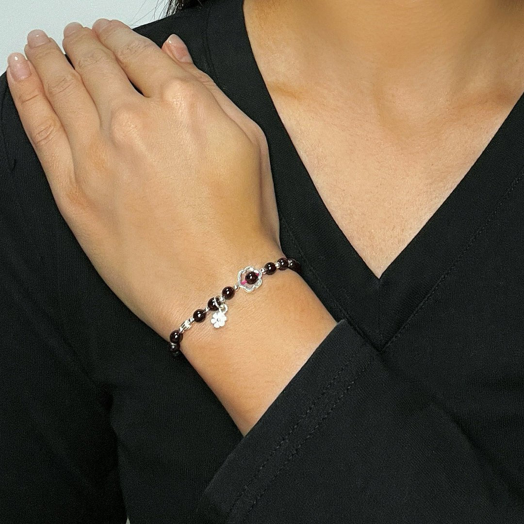 Bracelet Grenat Argent 925 avec Fleur Centrale - Biloria