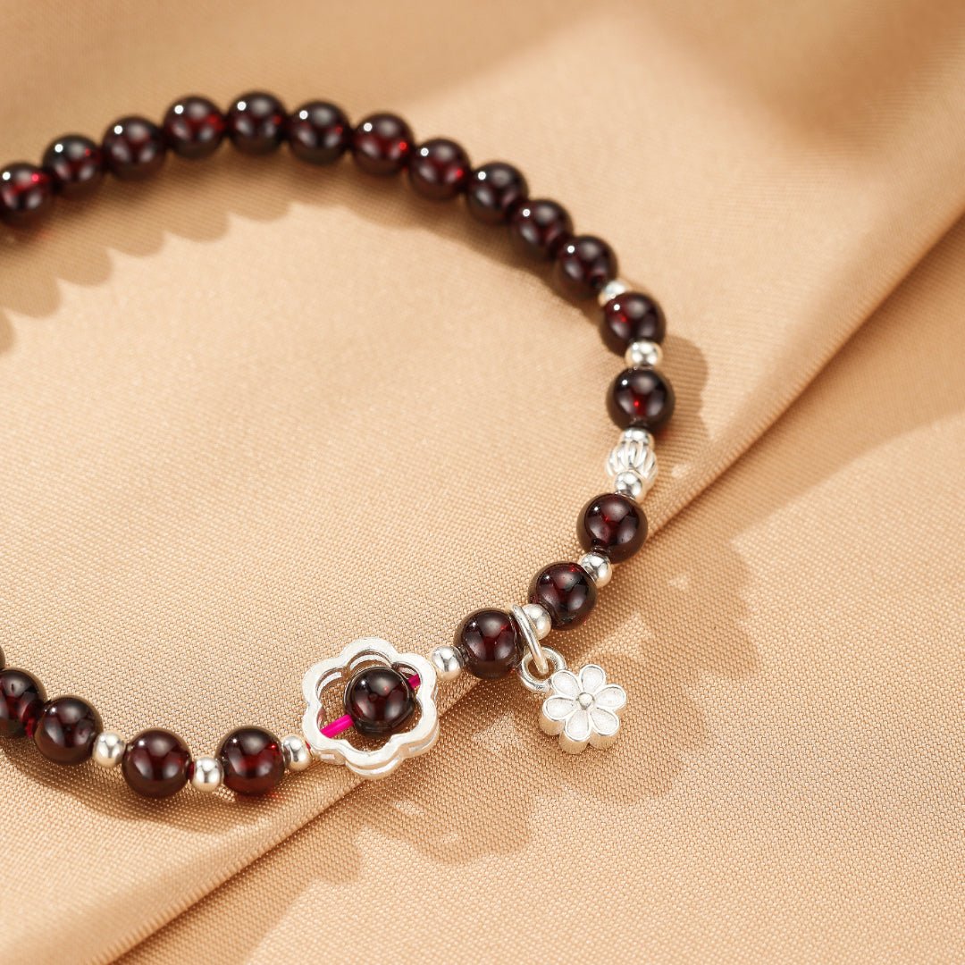 Bracelet Grenat Argent 925 avec Fleur Centrale - Biloria