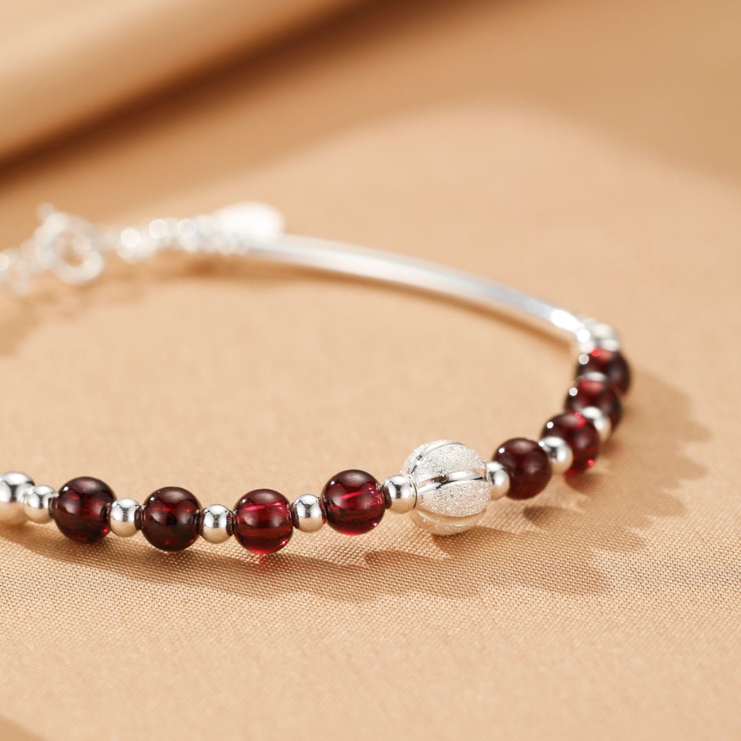 Bracelet Grenat Argent 925 Perle Centrale Texturée Protection - Biloria
