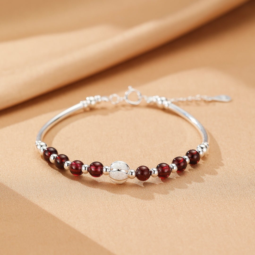 Bracelet Grenat Argent 925 Perle Centrale Texturée Protection - Biloria