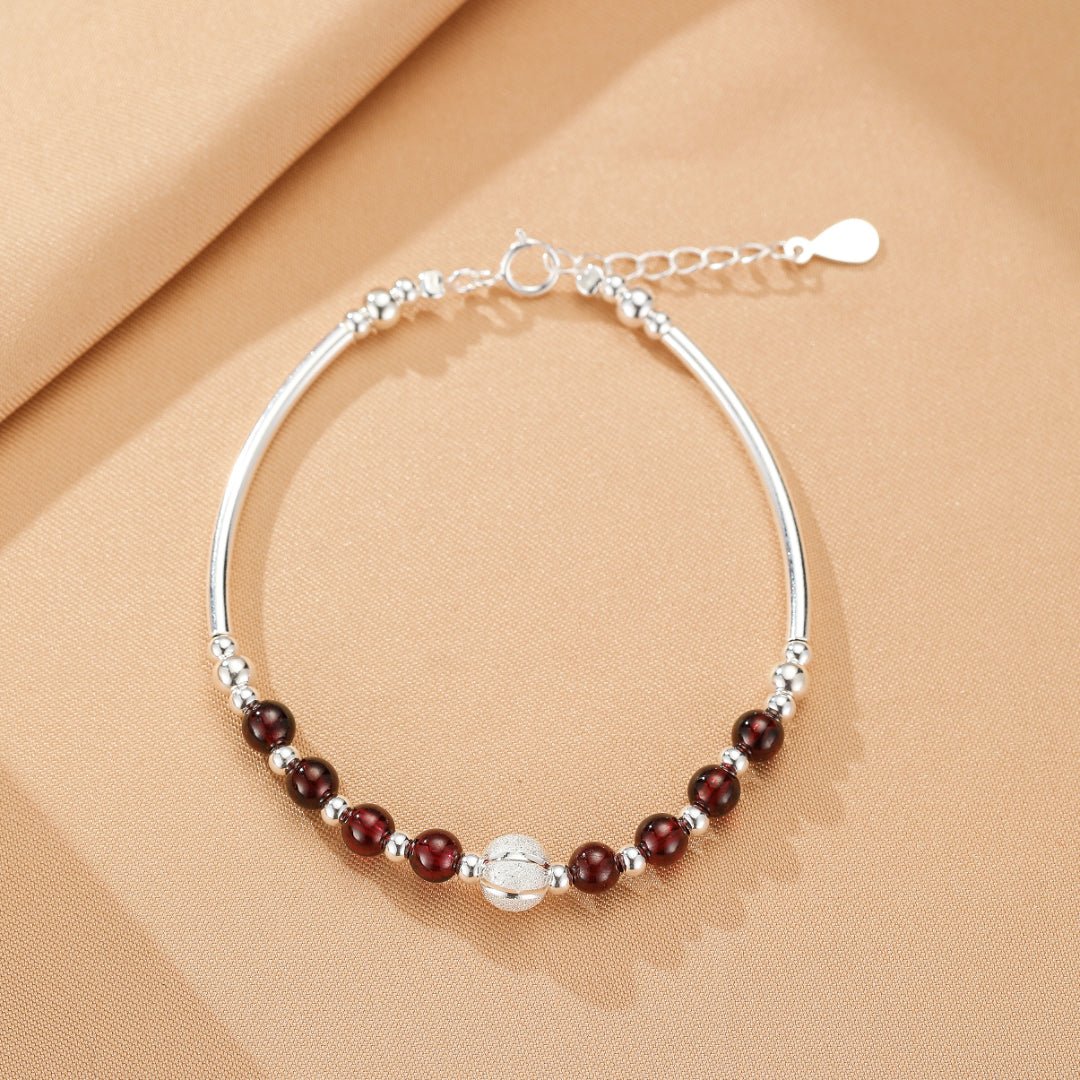 Bracelet Grenat Argent 925 Perle Centrale Texturée Protection - Biloria