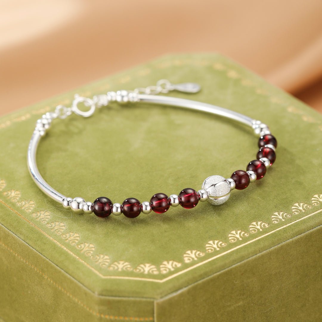 Bracelet Grenat Argent 925 Perle Centrale Texturée Protection - Biloria
