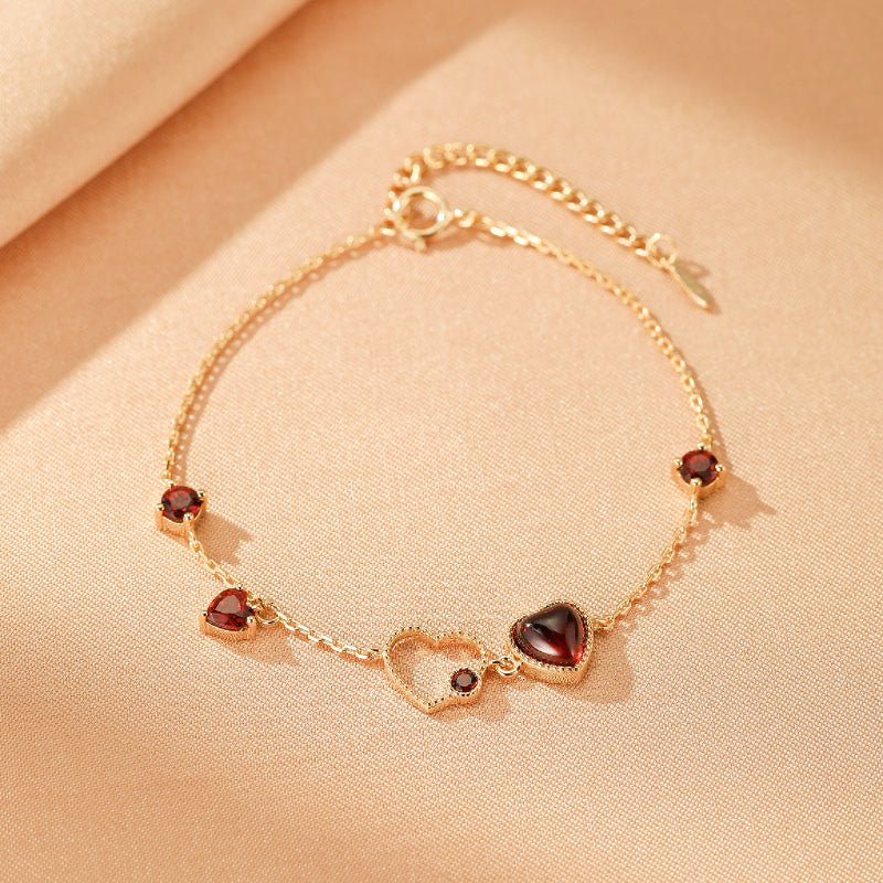 Bracelet Grenat Cœur Passionné en Argent Plaqué Or 14K - Biloria