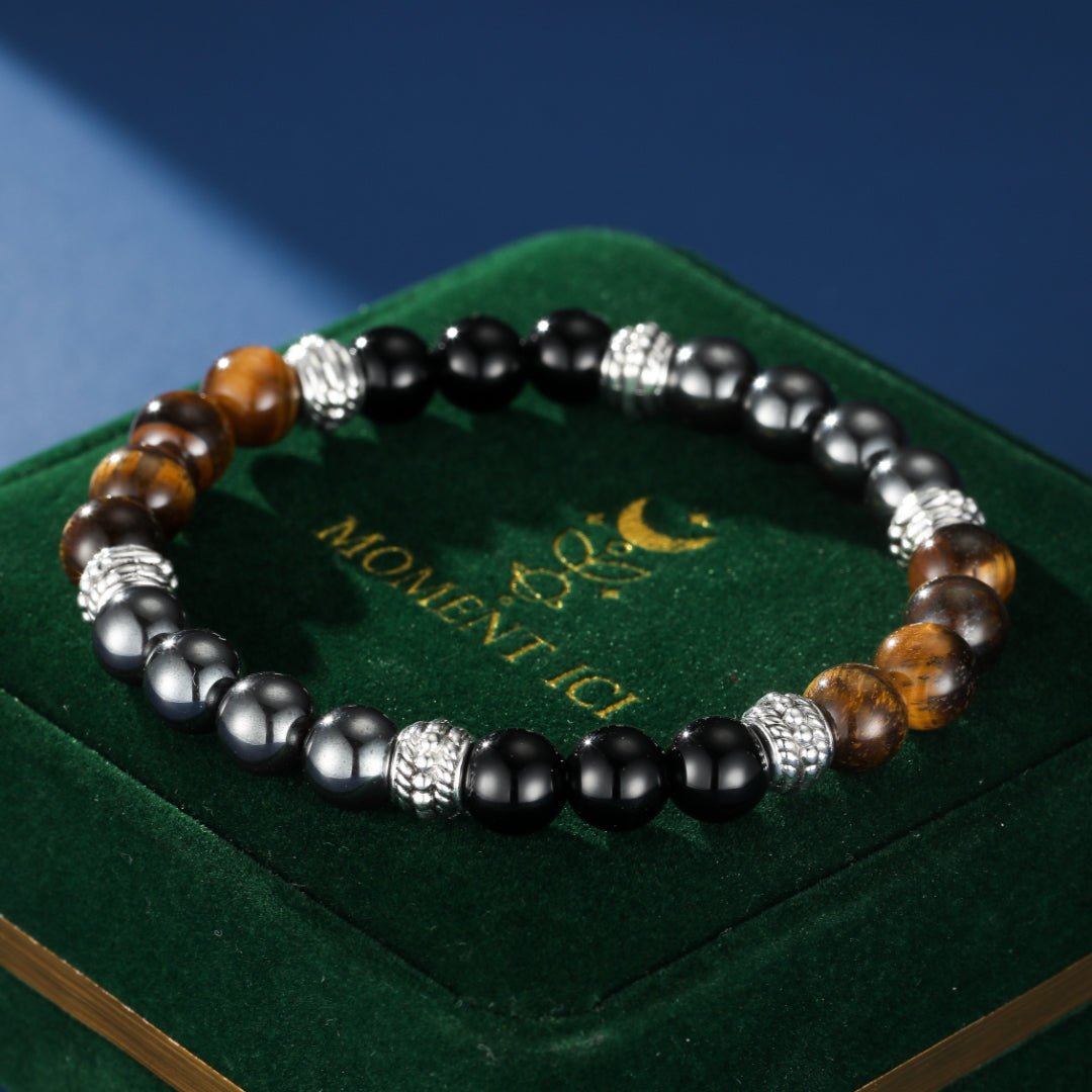 Bracelet Hématite Œil de Tigre Obsidienne Homme Protection - Biloria
