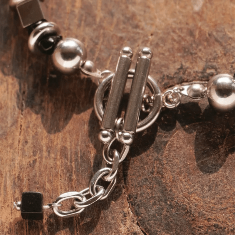 Bracelet Homme Acier Titane Perle et Agate Noire - Biloria