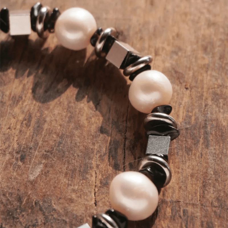 Bracelet Homme Acier Titane Perle et Agate Noire - Biloria