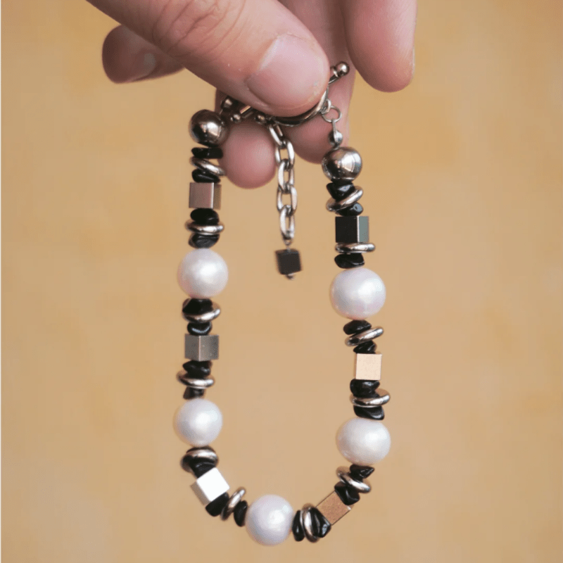 Bracelet Homme Acier Titane Perle et Agate Noire - Biloria