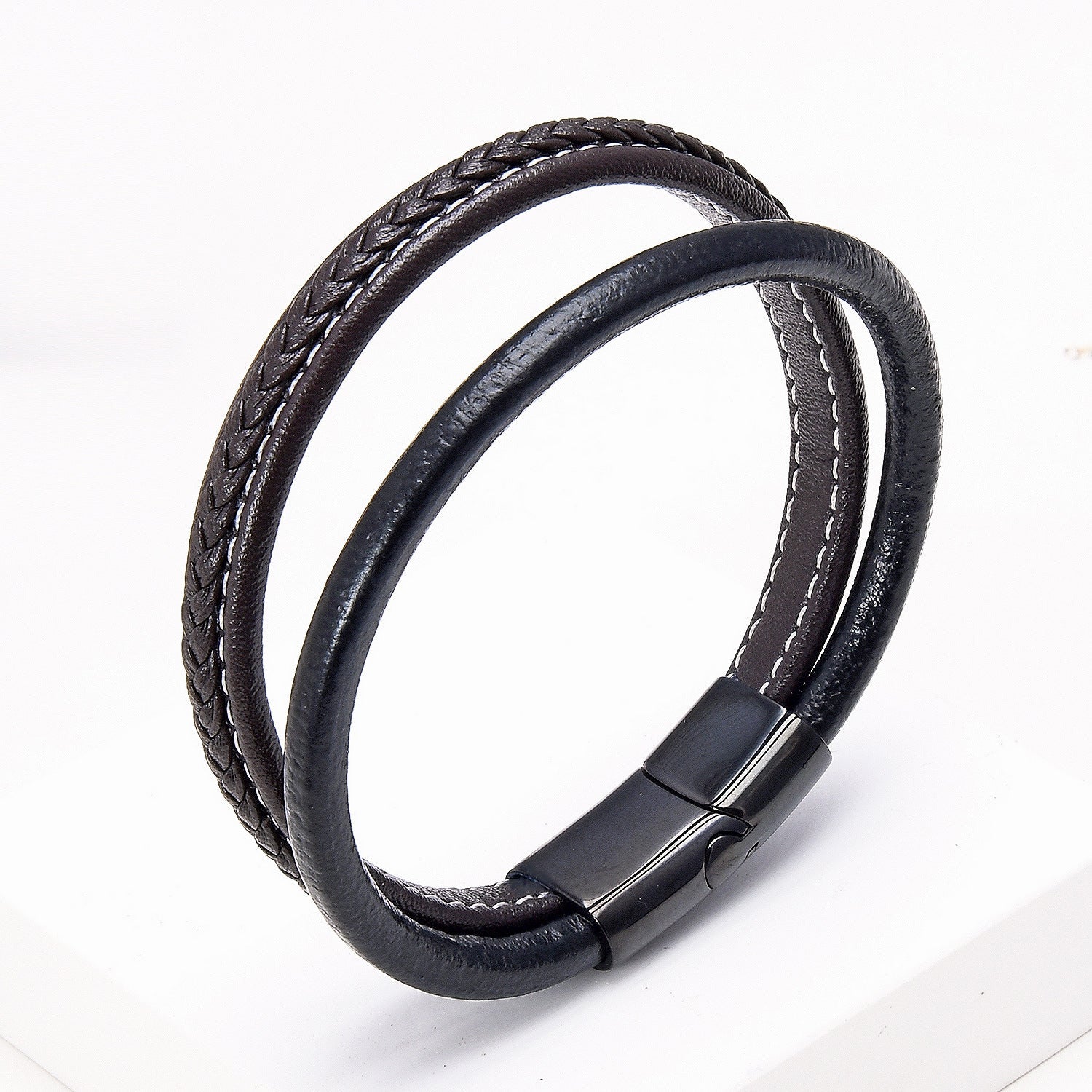 Bracelet Homme Cuir Deux Rangs | Classe Duo Noir - Biloria