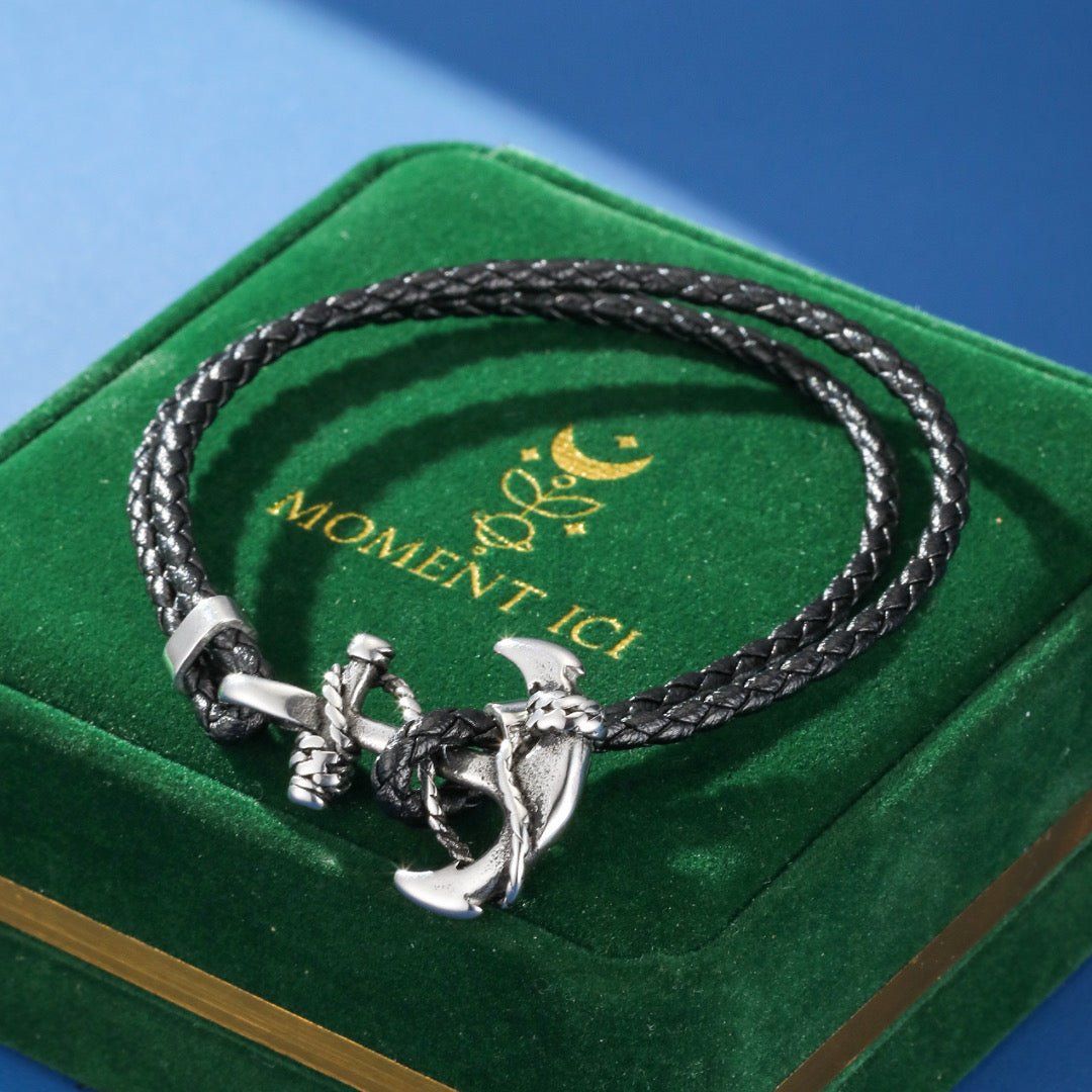 Bracelet Homme Cuir Double Tour Ancre Marine - Biloria