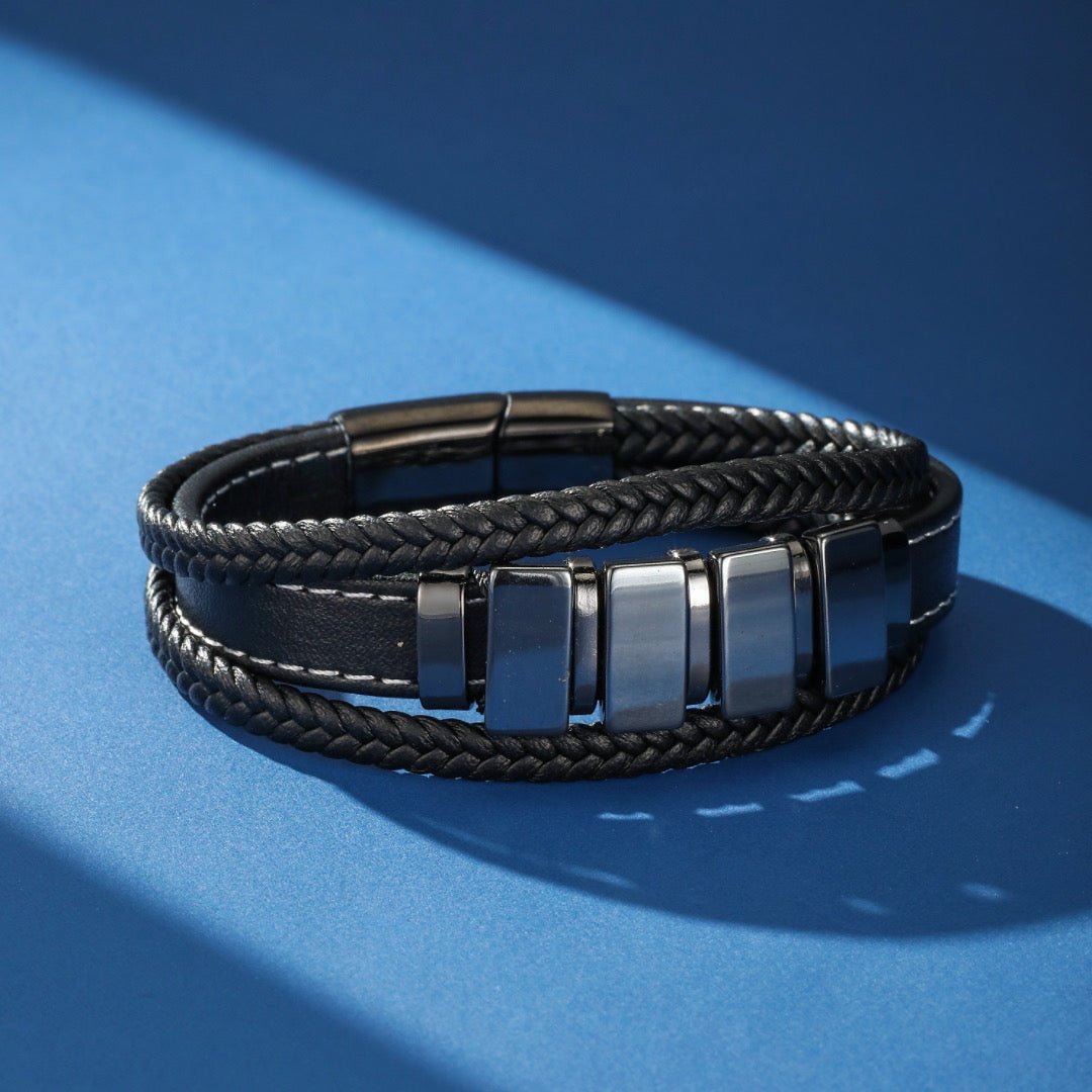 Bracelet Homme Cuir Hématite - Ancre et Stabilité - Biloria
