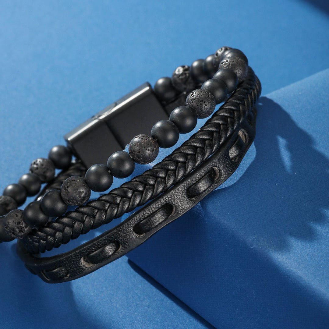 Bracelet Homme Cuir – Obsidienne et Pierre de Lave - Biloria