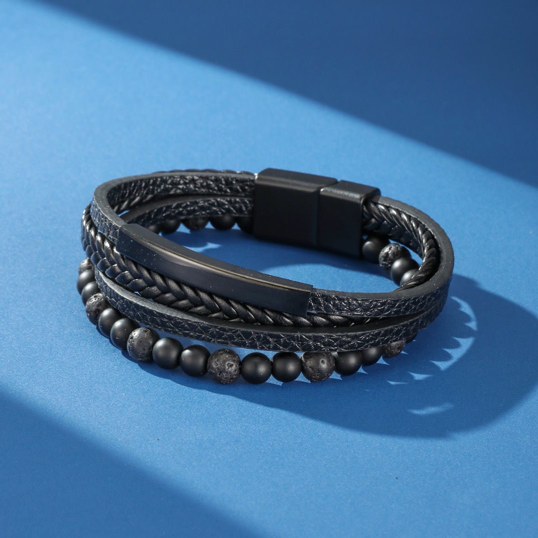 Bracelet Homme Cuir Obsidienne Lave Protection - Biloria