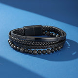 Bracelet Homme Cuir Obsidienne Lave Protection - Biloria