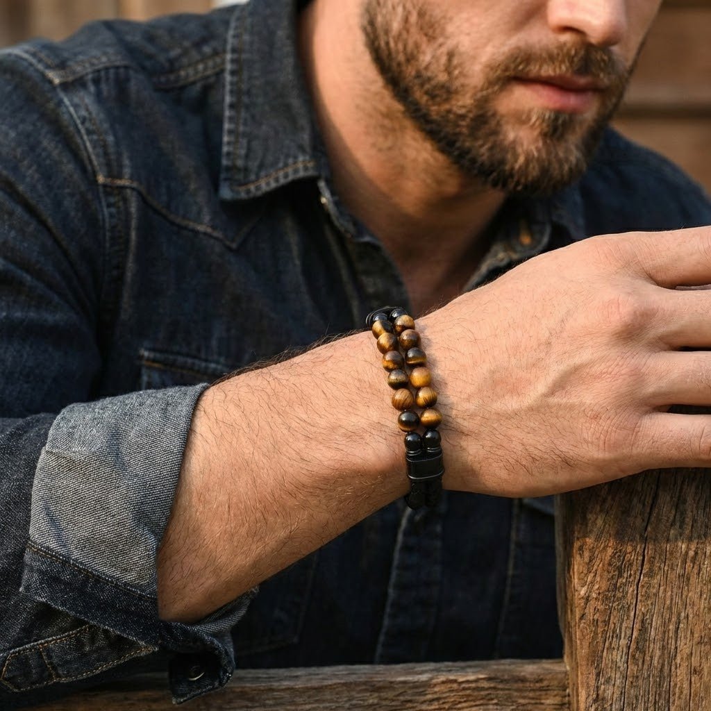 Bracelet Homme Cuir Œil de Tigre – Énergie Solaire et Confiance - Biloria