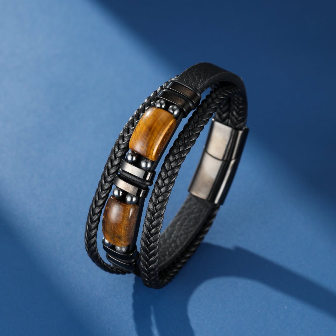 Bracelet Homme Cuir Œil de Tigre et Hématite – Cadeau Protecteur - Biloria