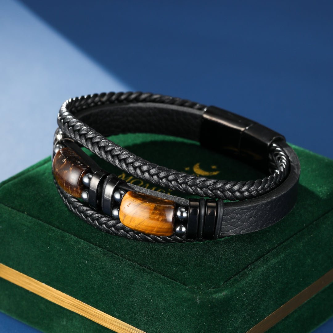 Bracelet Homme Cuir Œil de Tigre et Hématite – Cadeau Protecteur - Biloria