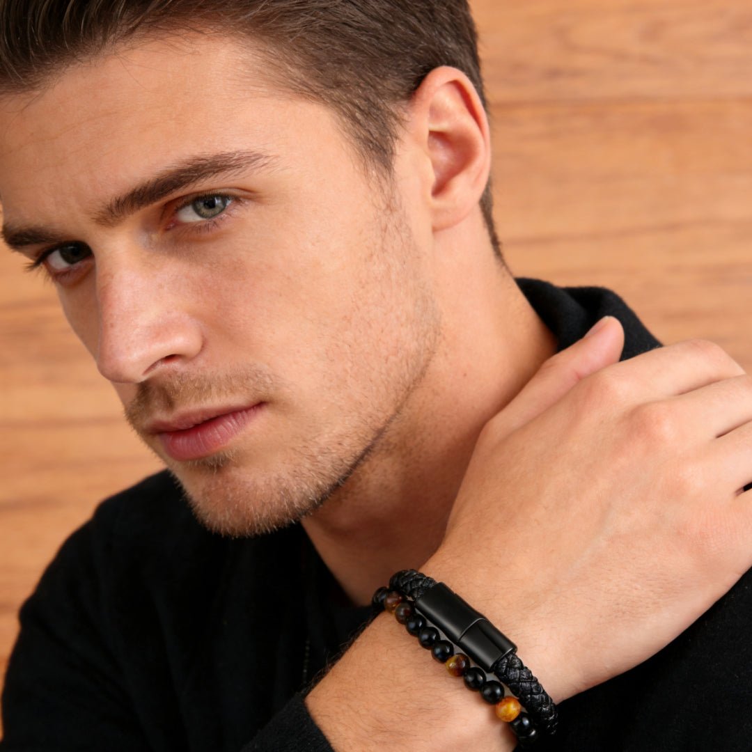 Bracelet Homme Cuir Œil de Tigre Pierre de Lave - Biloria