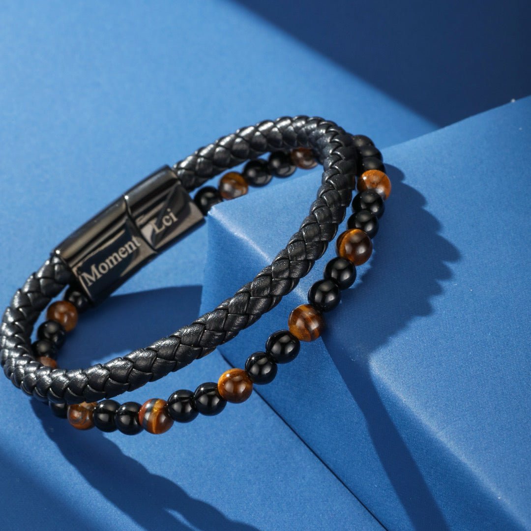 Bracelet Homme Cuir Œil de Tigre Pierre de Lave - Biloria