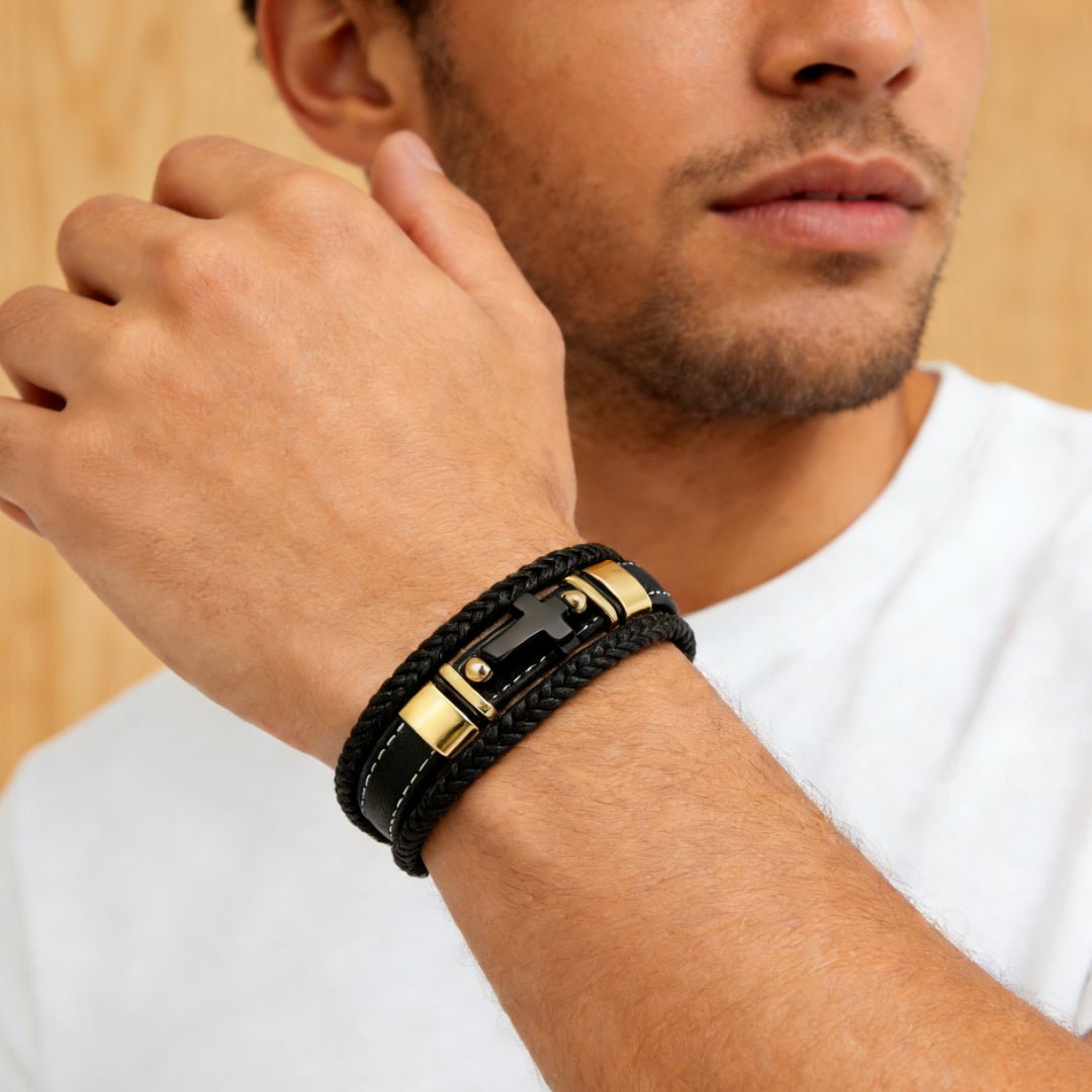 Bracelet Homme Cuir Onyx Croix de Foi - Biloria