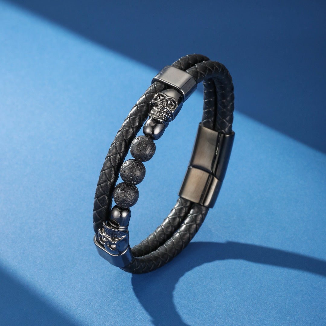 Bracelet Homme Cuir Pierre Lave Hématite Crâne Acier - Biloria