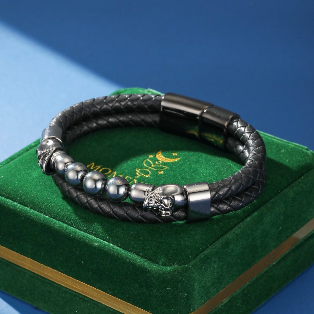 Bracelet Homme Cuir Pierre Lave Hématite Crâne Acier - Biloria