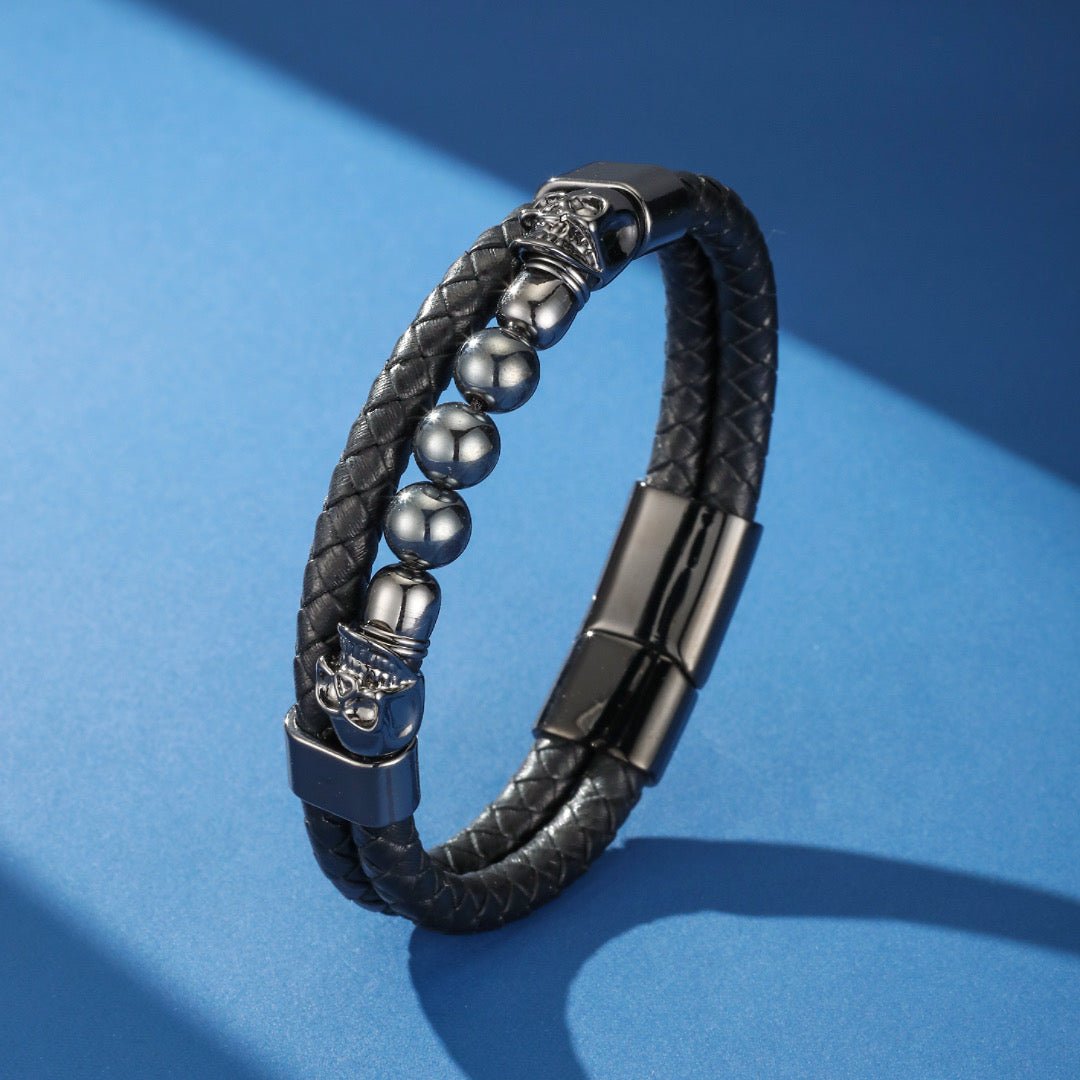 Bracelet Homme Cuir Pierre Lave Hématite Crâne Acier - Biloria