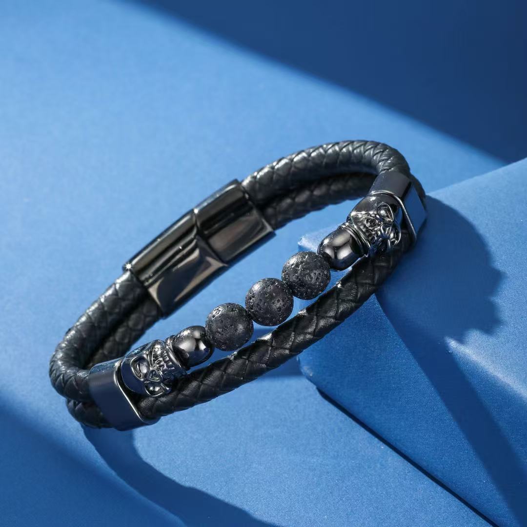 Bracelet Homme Cuir Pierre Lave Hématite Crâne Acier - Biloria
